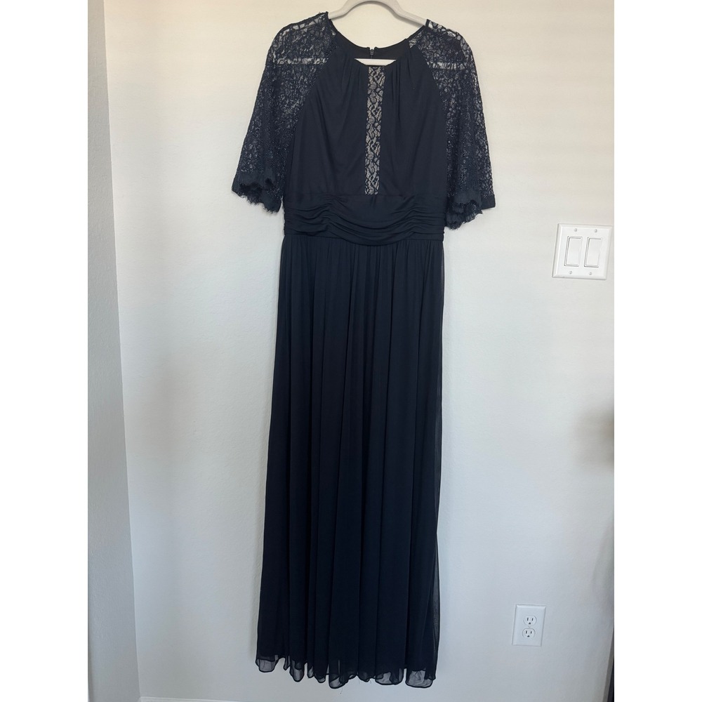 Betsy & Adam Navy Blue Lace Sleeve Ruched Waist Formal Maxi Gown-0662